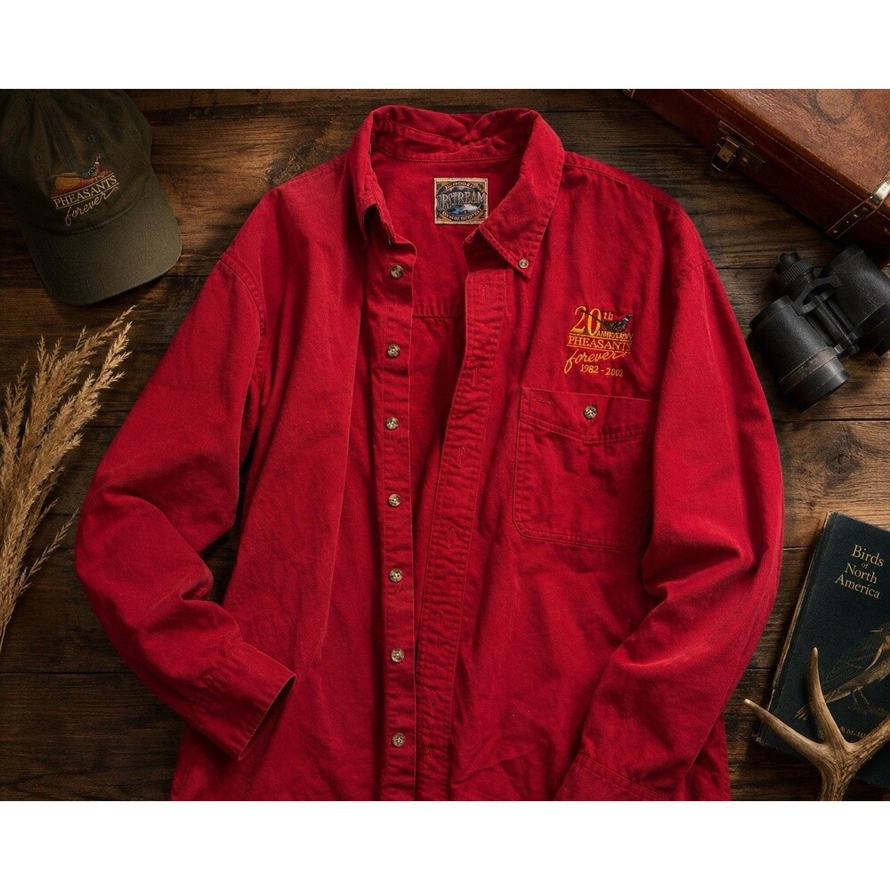 Vintage Upstream Outdoors Pheasants Forever 20th Anniversary Red Button Shirt XL